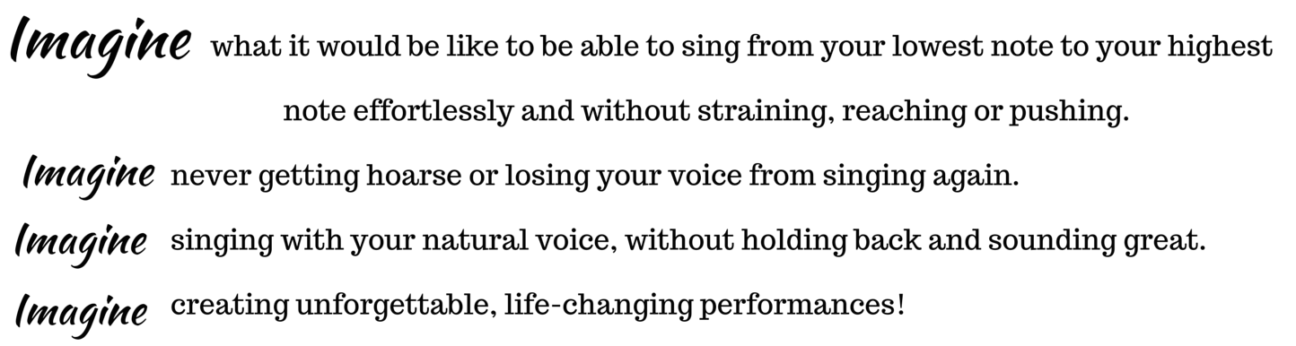 Imagine what it would be like to be able to sing from your lowest note to your highest note effortlessly and without straining, reaching or pushing. Imagine never getting hoarse or losing your voice from singing again.  Imagine singing with your natural voice, without holding back and sounding great!.  Imagine creating unforgettable, life-changing performances. 